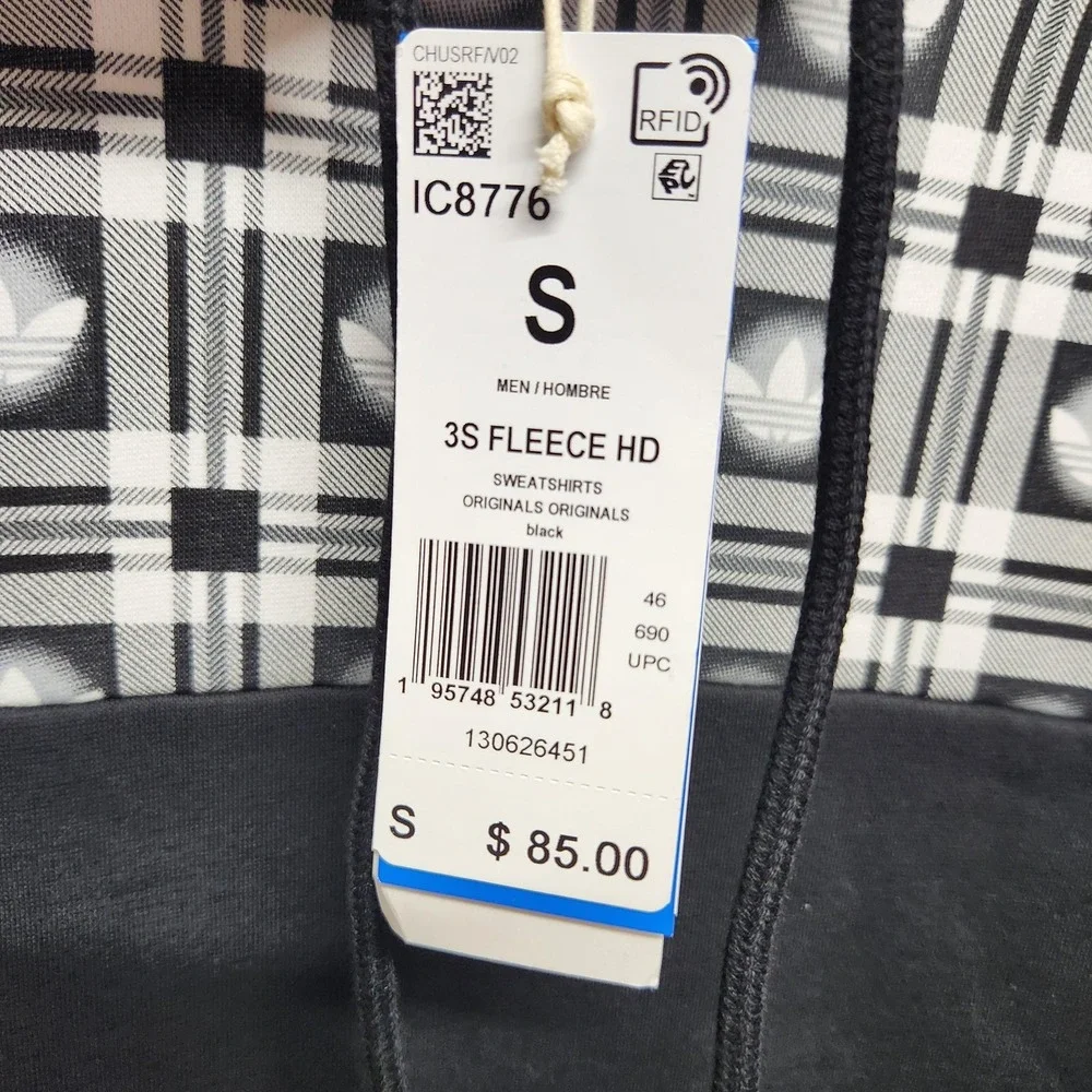 Adidas Originals Hoodie Mens Small Black Fleece Plaid Trefoil Sweatshirt IC8776‎